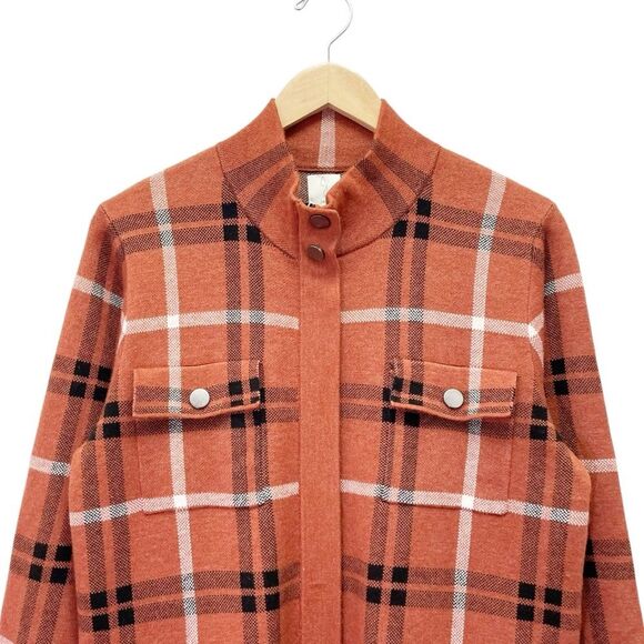 Joie Plaid Shacket Soft Knit Full Zip Sweater Jacket Rust Black White Size Large - Picture 7 of 13